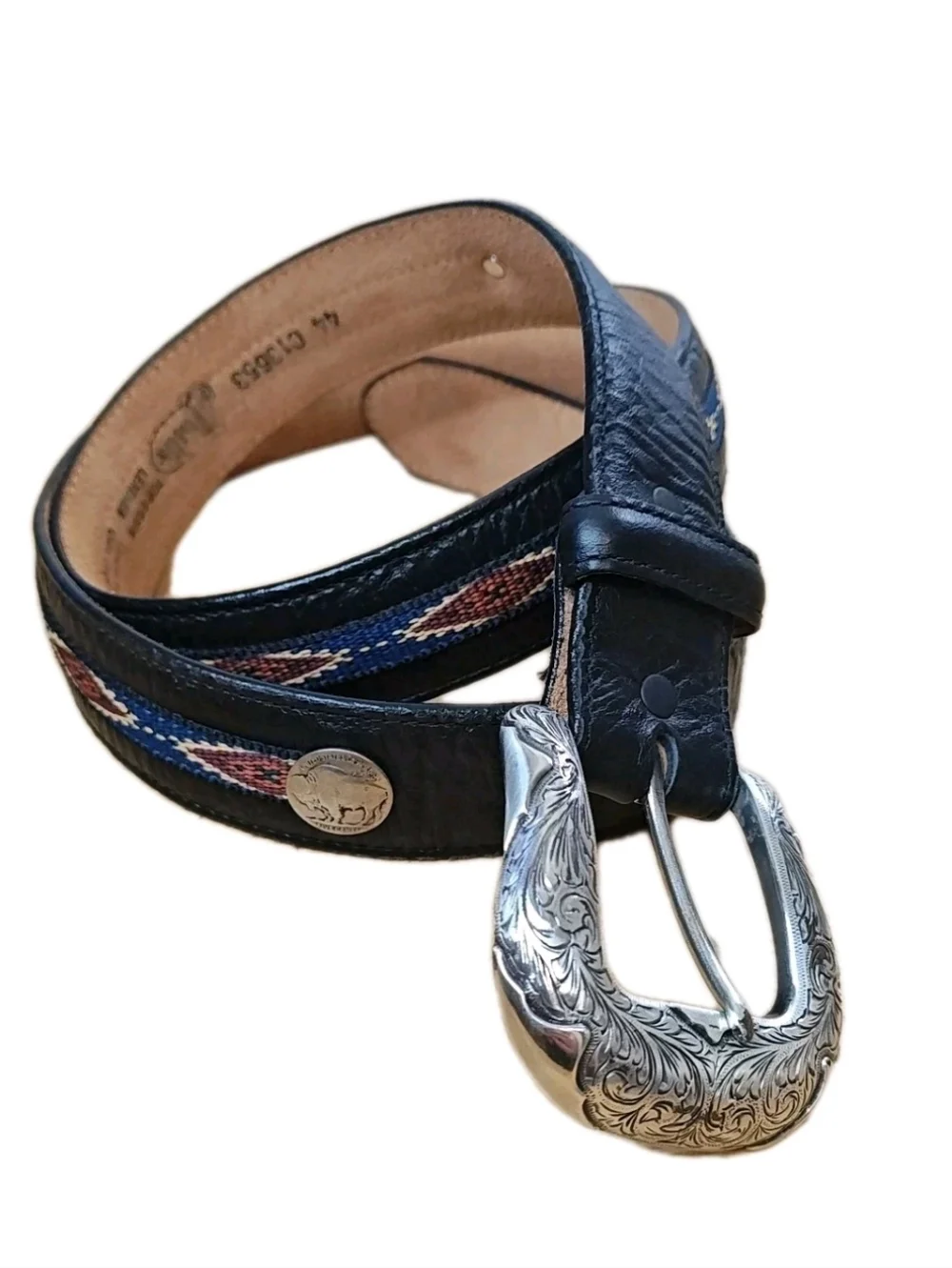 Justin Top Grain Black Leather Aztec Needlepoint Western Belt 40/44 Buffalo Coin